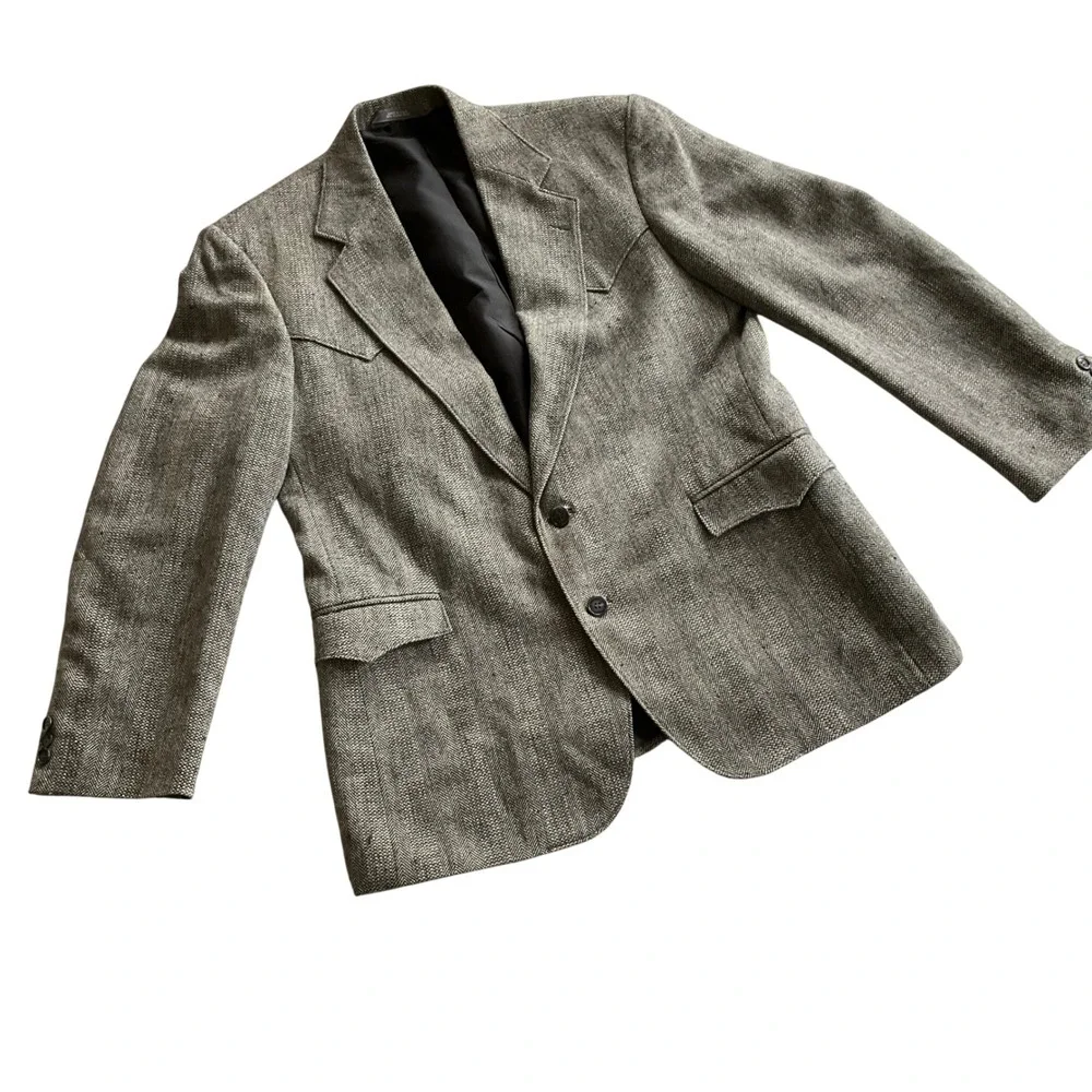 Taos Country Western Blazer Mens L Grey Herringbone Tweed Sport‎ Coat USA Made
